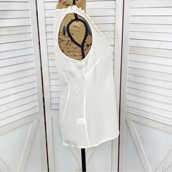 Halogen Ruffle Trim Neck Sheer Silk Sleeveless Top Cream Small - Picture 3 of 12
